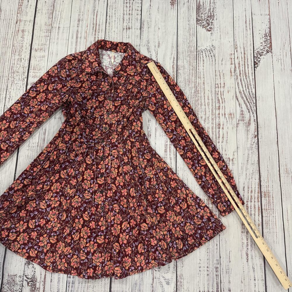 Free People Harper Floral Corduroy Mini Dress Sleeve Button Cotton Women's 2 - Picture 11 of 12